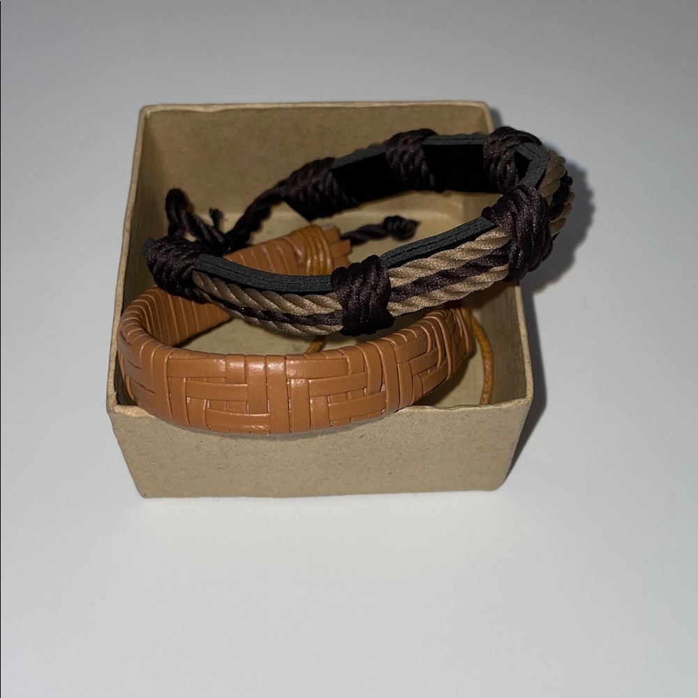 NIB (2) KULTURA Men’s Braided Brown Leather & Cord Bracelet Set